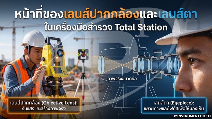หน้าที่ของเลนส์ปากกล้องและเลนส์ตาใน Total Station